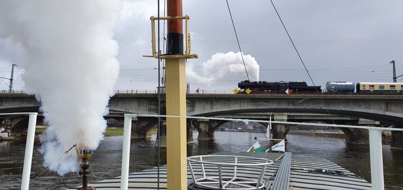 Geisterzug mit 52 8141-5 auf der Marienbrücke vom Dampfschiff "Pillnitz" aus